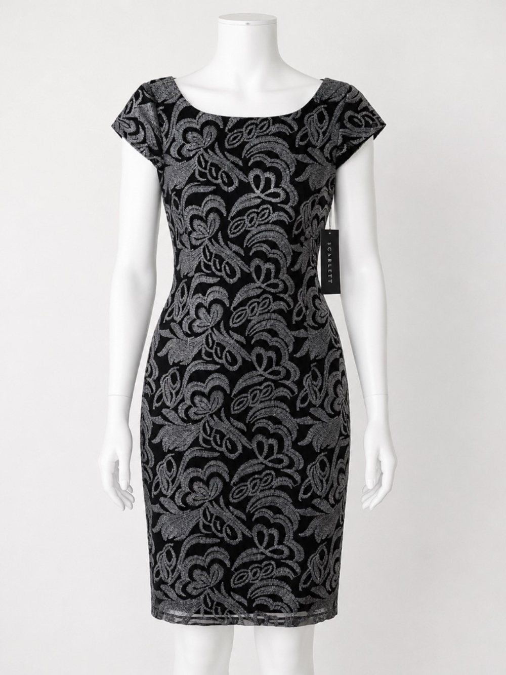 NWT Scarlett Black Silver Floral Embroidered Sheath Cocktail Dress Size 6 - Picture 1 of 9